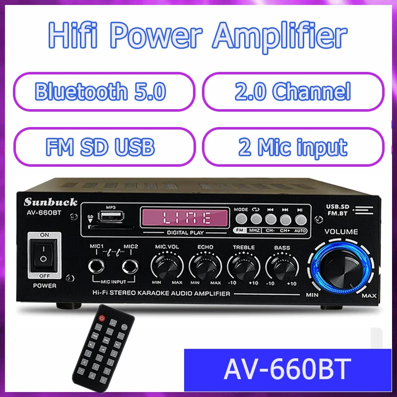 

SUNBUCK 660BT Power Amplifiers 110V/220V Bluetooth Sound Amplifier 2.0 Channel For Home Car Meeting Support FM USB 2 Mic input