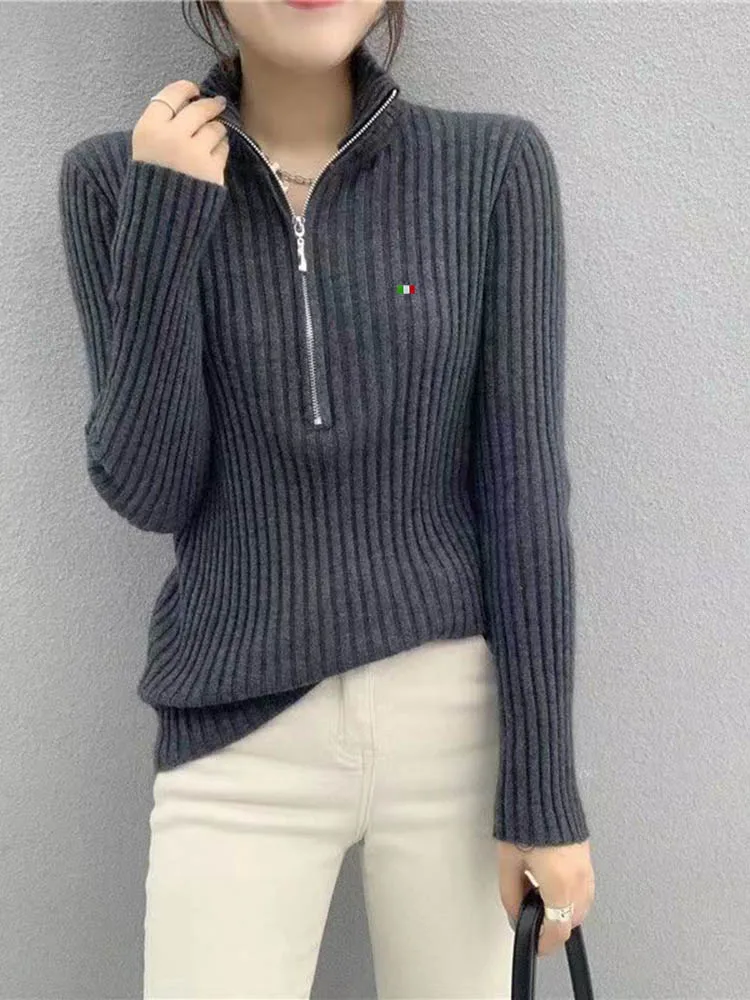 Women Winter Solid Color Long Sleeve High Neck Zipper Pullover Knitted Wool Sweater Thickened Slim Fit Korean Casual Female Coat