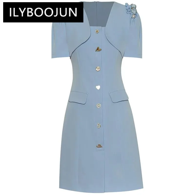 

ILYBOOJUN Fashion Designer dress Summer Women's Dress Stand collar Beaded Short sleeve Buttons Slim Blue Dresses