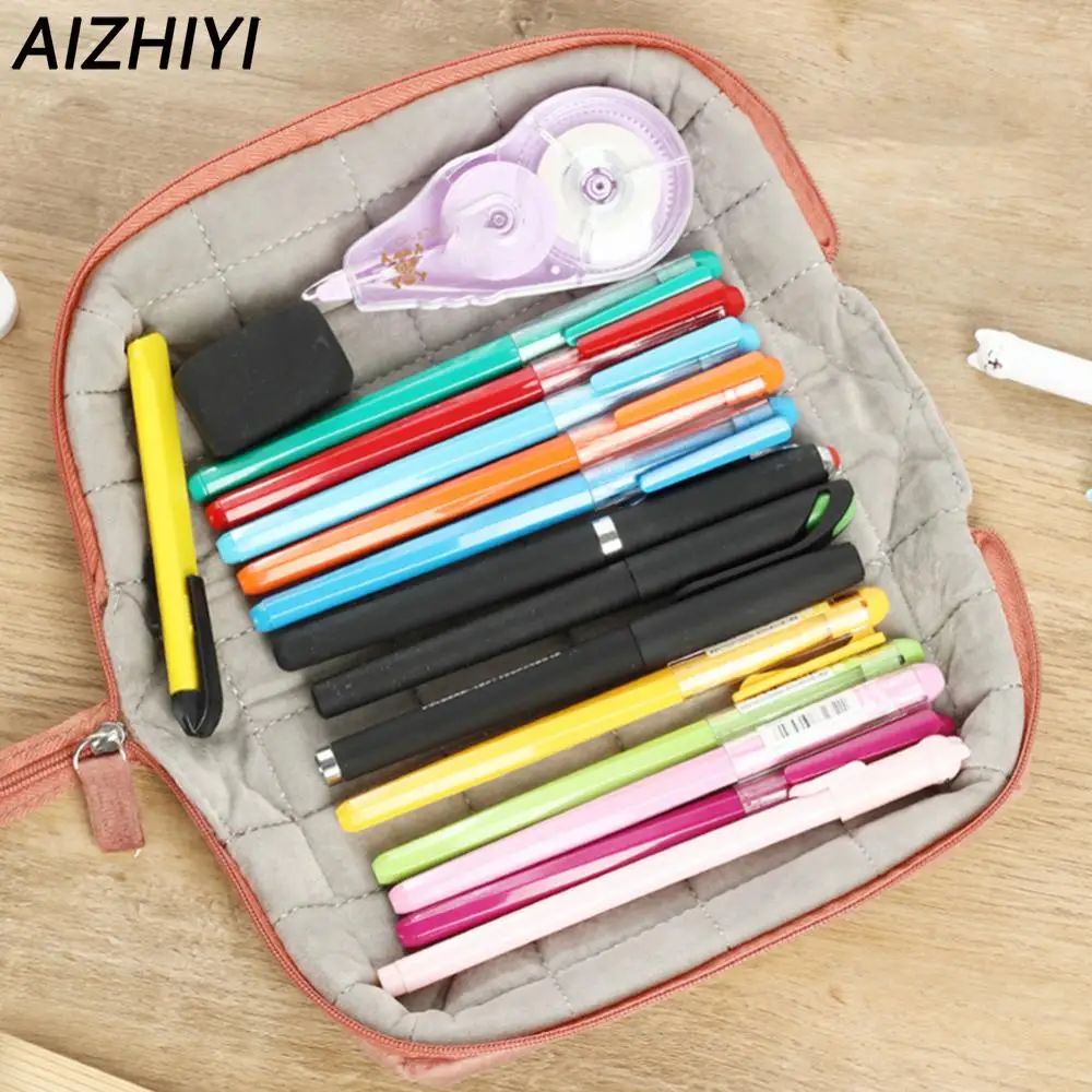 Pillow Shape Simple Pen Pouch Large Capacity Quilted Creative Pencil Box Cotton Travel Toiletry Bag Makeup Storage Bag