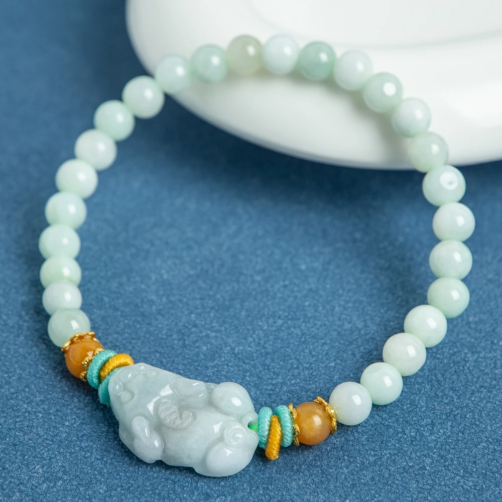 

TIMESWIND Light Green Natural A-type Jade Beaded Wealth PIXIU Ancient-style Women Bracelet with Certificate
