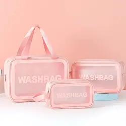 Pu Transparent Three Piece Makeup And Toiletries Bag, Large Capacity Pvc Semi Transparent Frosted Portable Storage Bag