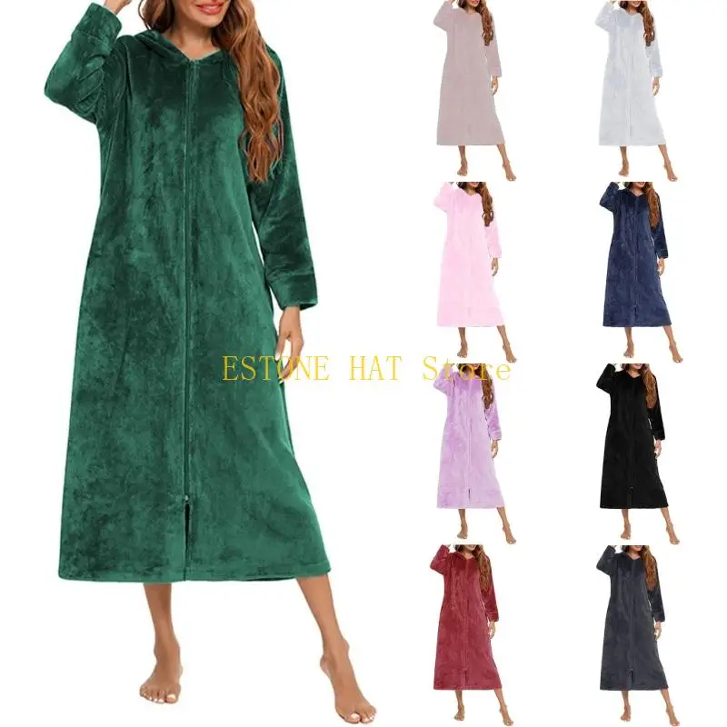 49MF Women's Thickened Fleece Hooded Long Nightgown