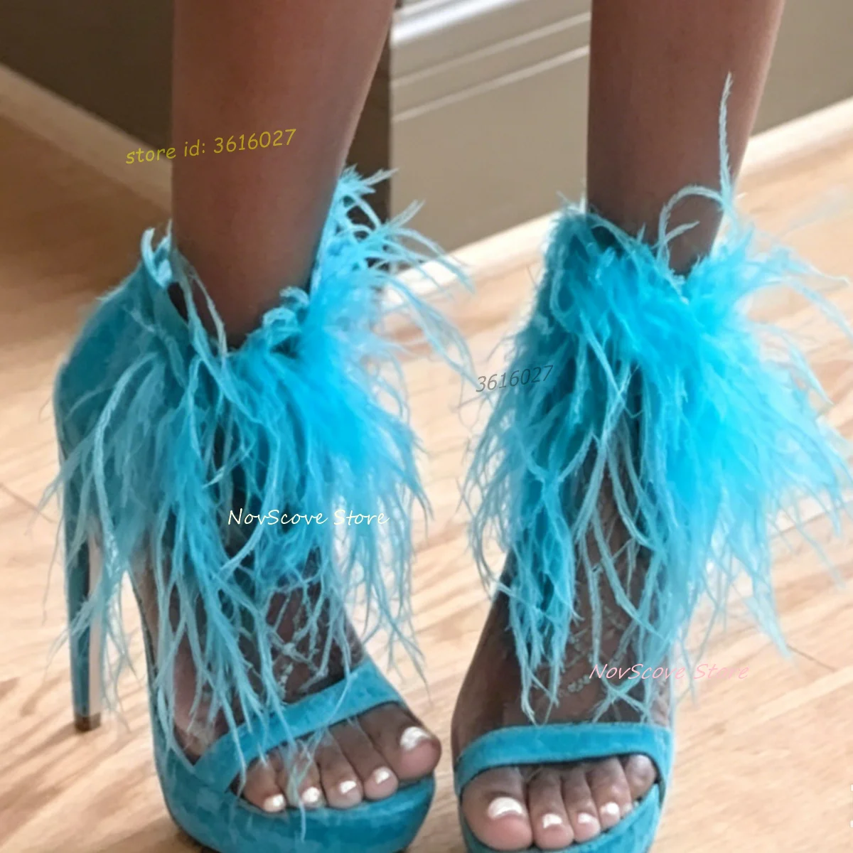 Feather Platform Party Sandals Stiletto High Heels Open Toe Slender Upper Cover Heel Summer Sexy Women Dress Shallow Pumps