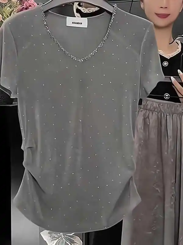 Cseta Fena Plus Size com Decote em V e Manga Curta, Estilo Slim Fit com Cintura Ajustada, Versão Coreana para o Verão