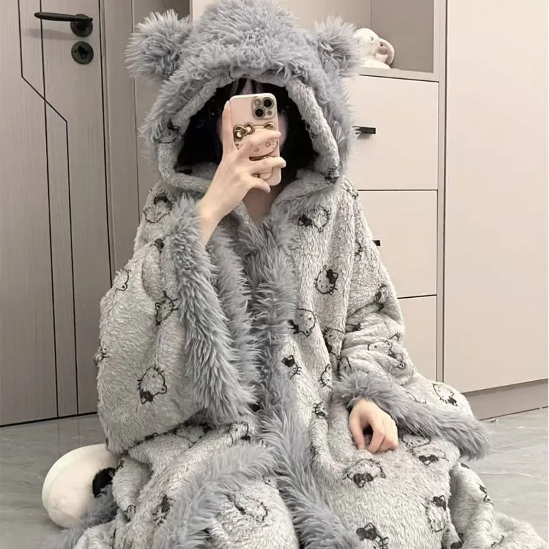 

New Sanrio Cartoon Hello Kitty Gray Premium Plush Hooded Robe Cape Fluffy Cute Set Autumn Winter Nightgown Girl Christmas Gift