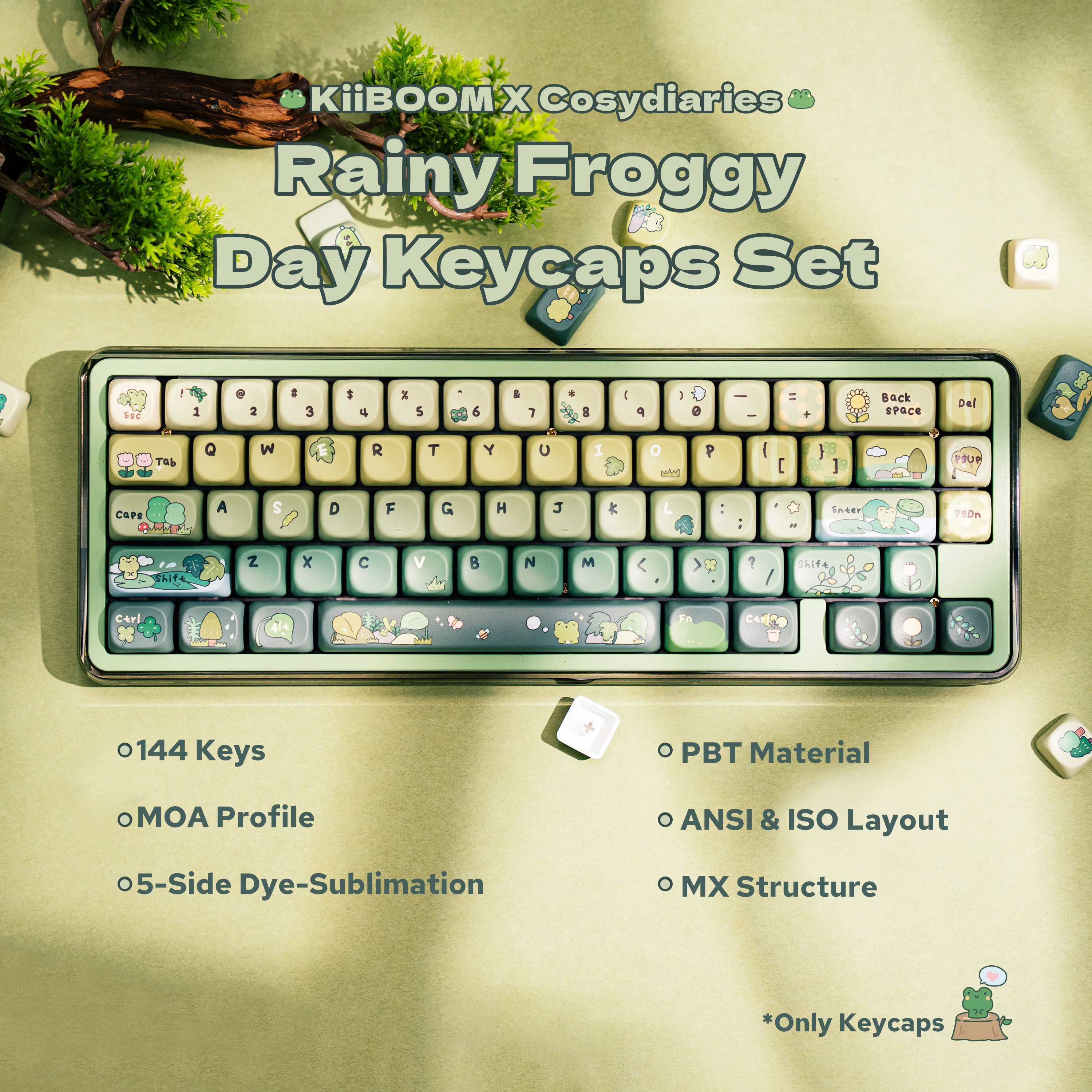 KiiBOOM × Cosydiaries Rainy Froggy Day 144 MOA/Cherry Profile Keycap Set 5-Side Dye-Sublimation for 60%/65%/75%/TKL/Full-sized