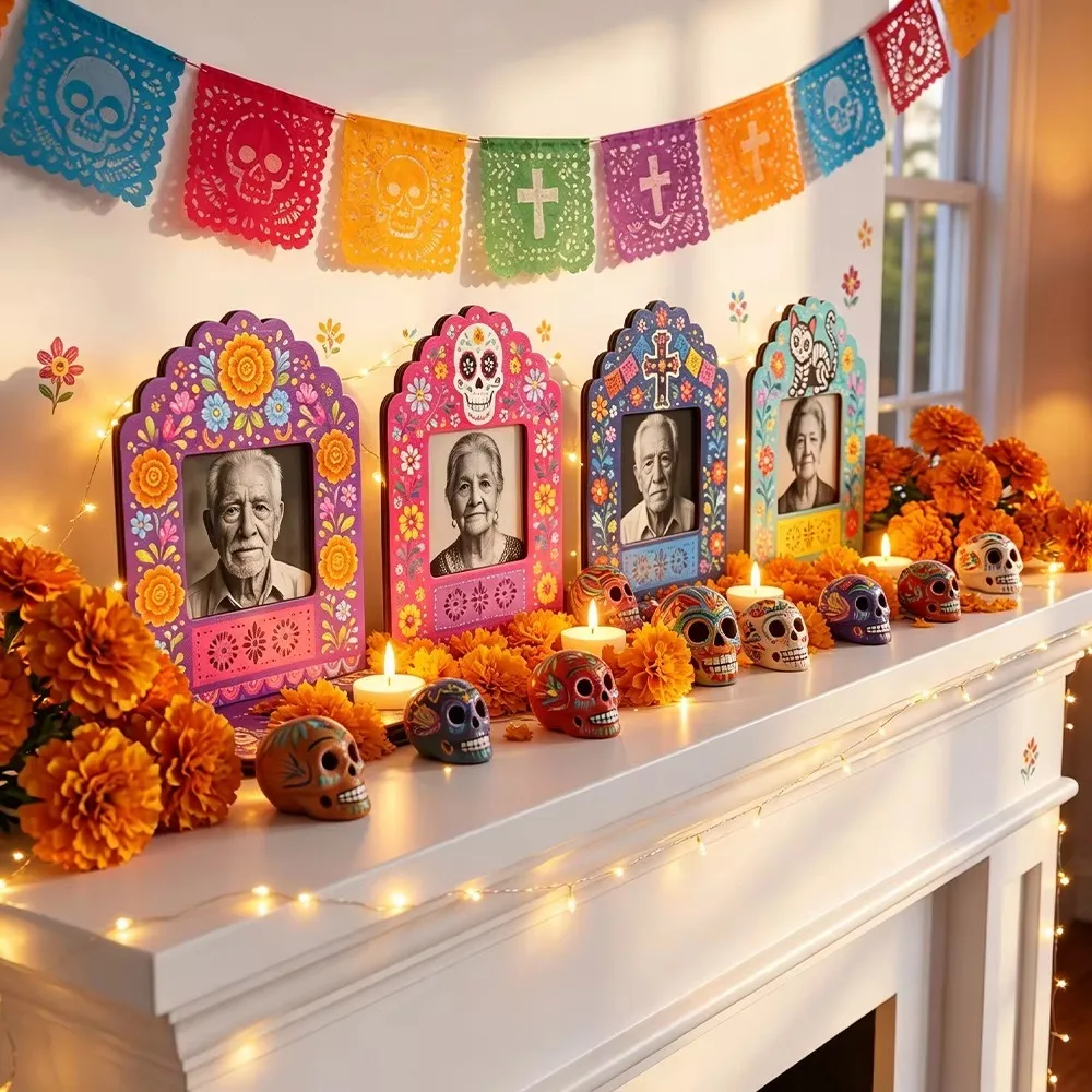 Wooden Day of The Dead Photo Frame Mexican Style Skull Marigold Pattern Desktop Photo Display Rack with Candle Holder