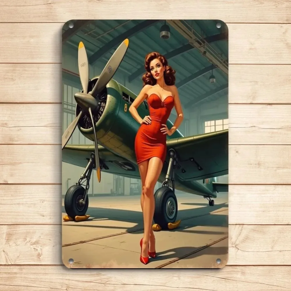 Vintage Metall-Blechschild 8x12 Zoll Retro Flugzeug-Damen-Poster Wandkunst für Zuhause Bar Garage Dekoration