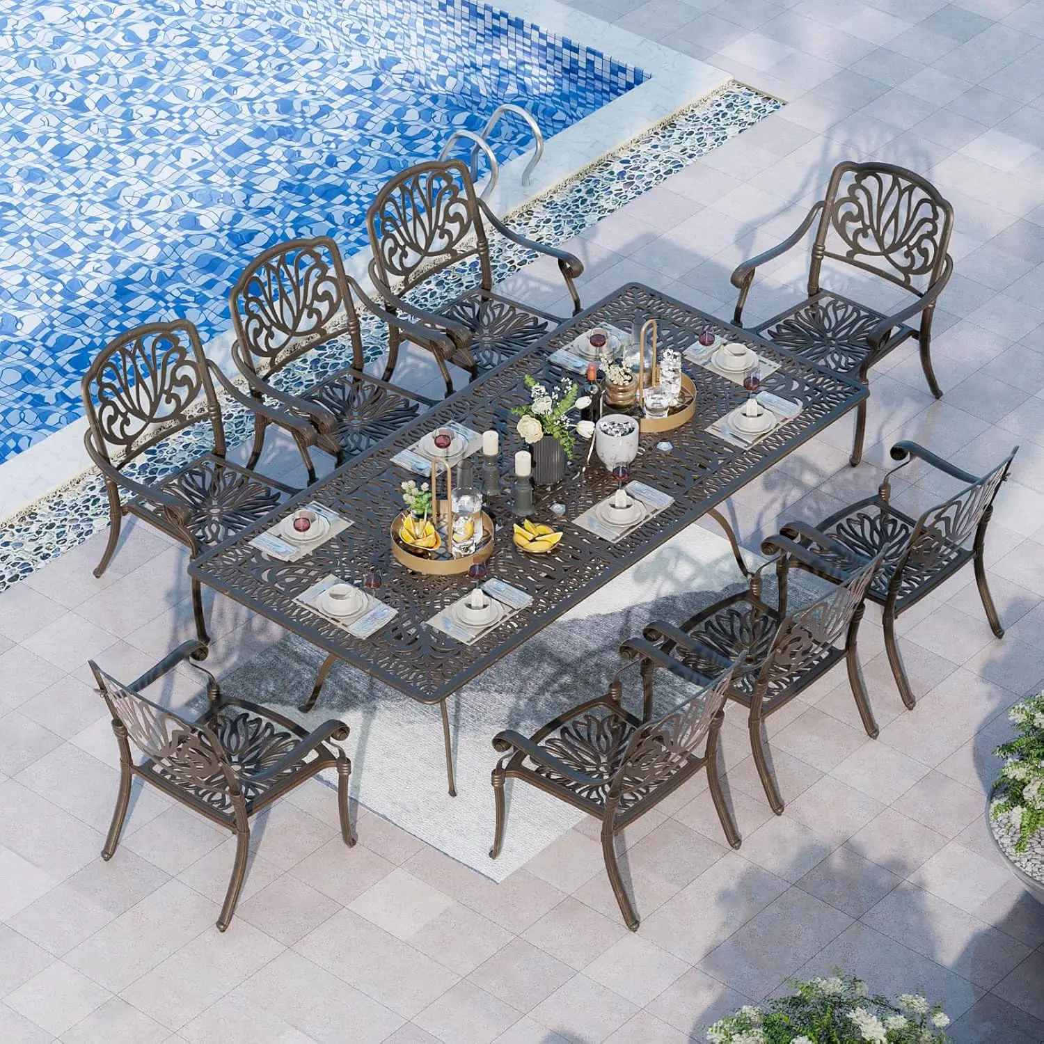 

9 Piece Cast Aluminum Patio Furniture Set Outdoor Dining Set Bistro Furniture Set With 8 Armchairs And Dining, Customized