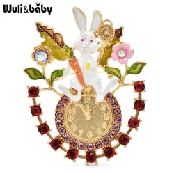 Wuli&baby Lovely Rabbit Clock Brooches For Women Enamel Rhinestone Pets Timer Party Causal Brooch Pins Gifts