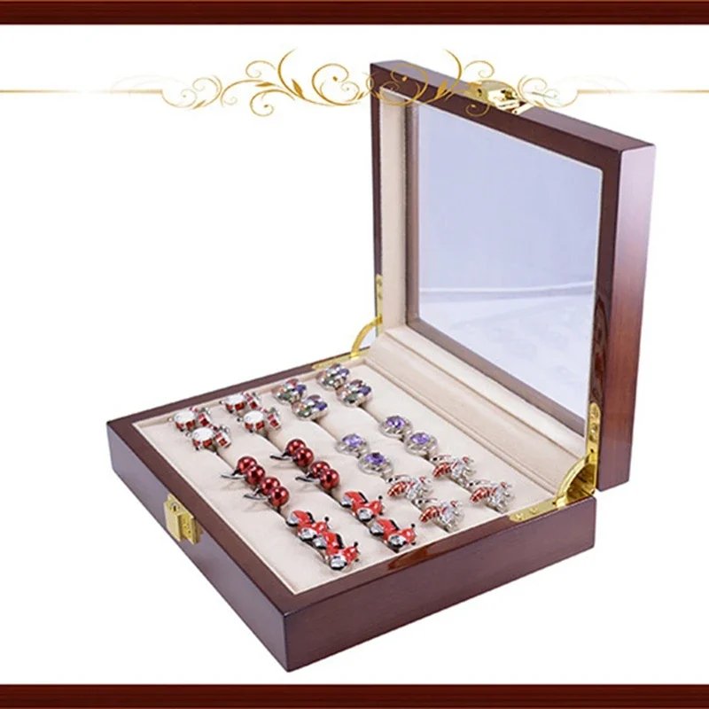 B-M 1 PCS Glass Cufflinks Box For Men Painted Wooden Collection Display Box Storage 12Pairs Capacity Jewelry Display Box