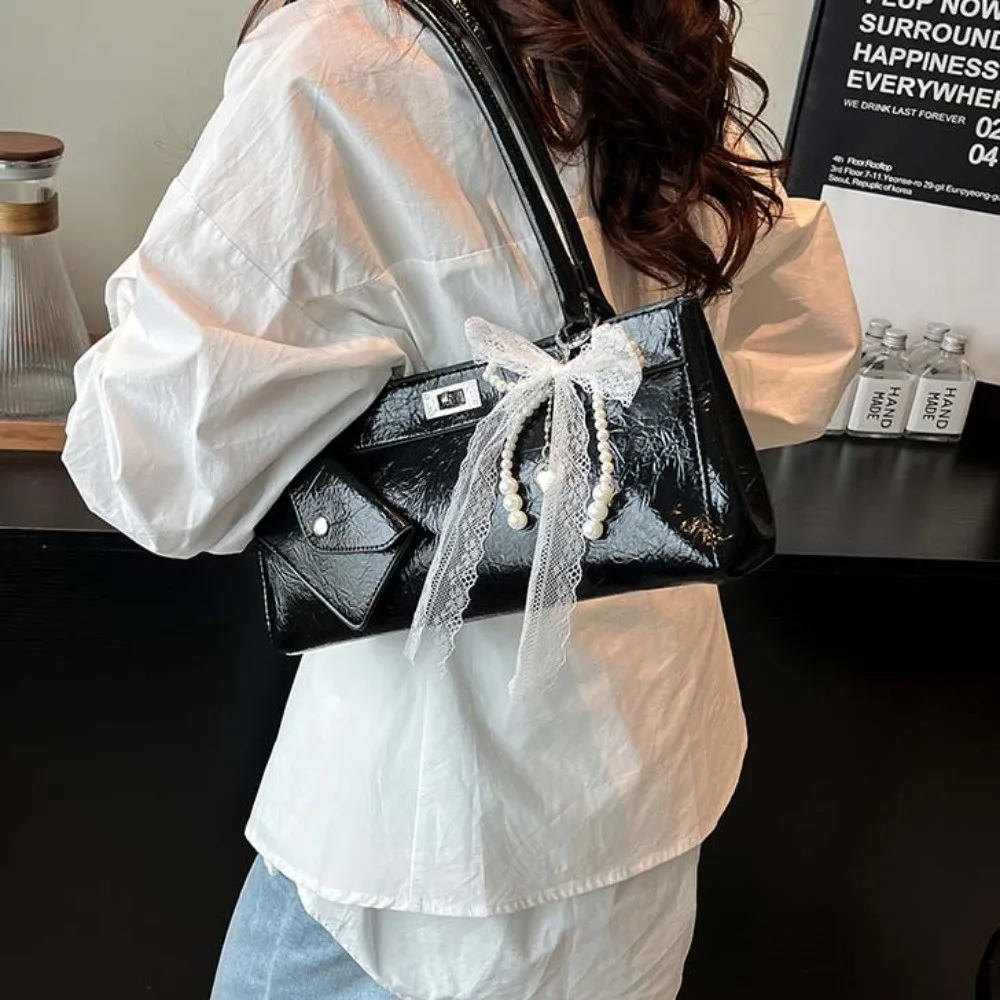 

Покупки, милая французская сумка с бантом и лентой, кружевная сумка из искусственной кожи, подвесная сумка Y2K, текстурированные сумки для подмышек, женские сумки