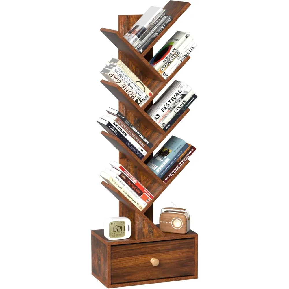 

8 Tier Tree Bookshelf with Drawer, Free Standing Wood Bookcase for Narrow Space, Storage Organizer Bookshelves for Books