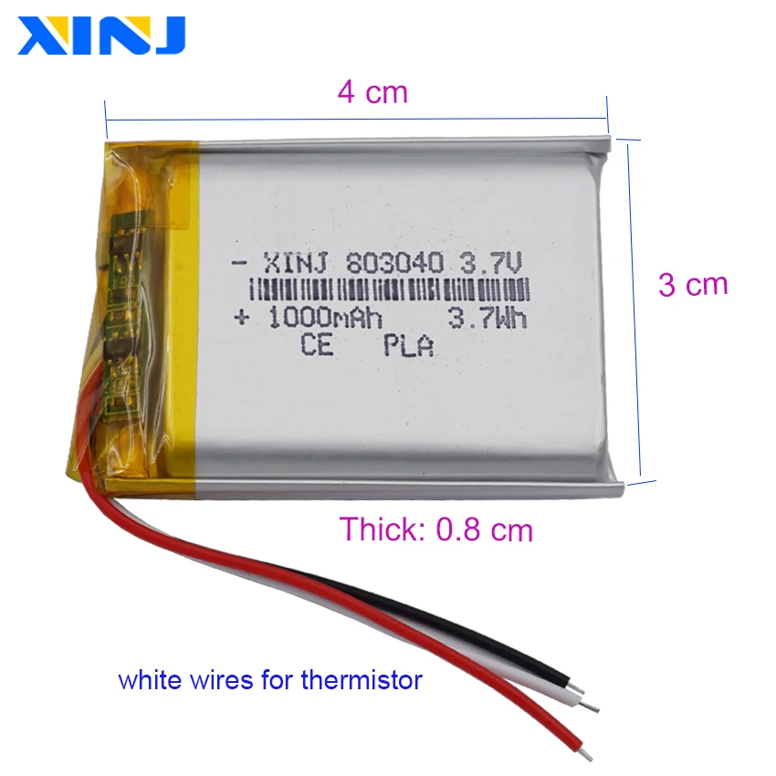 3.7V 1000 mAh 3.7Wh Li-Polymer Lipo Recarregável Li Lítio Bateria 3 Fios Termistor NTC 803040   Para câmera gravadora de condução