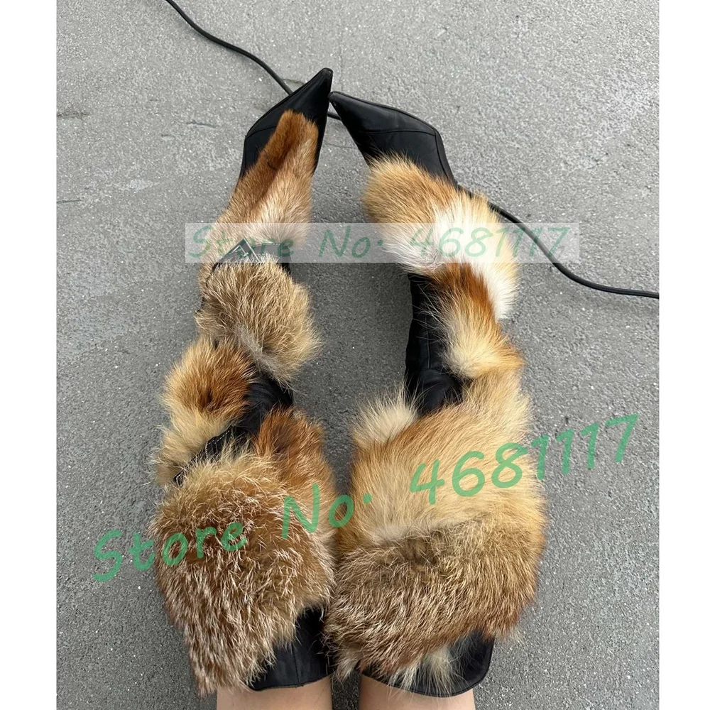 

Brown Fur Wrap Knee High Boots Sexy Ladies Black Buckle Strap Pointed Toe Slim Boots Big Size Patchwork Leather High Heel Shoes