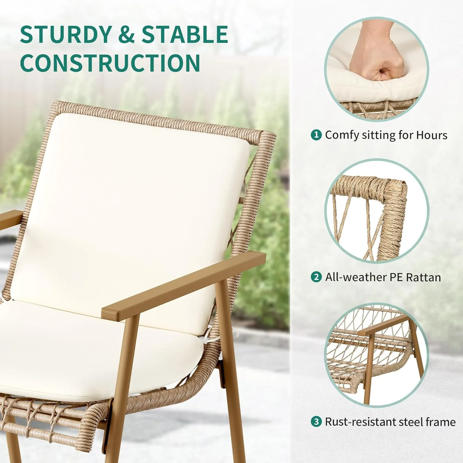 3 Pieces Patio Wicker Rocking Bistro Set, Oversize Outdoor Rattan Conversation Set with Soft Cushions & Square Side Table(Beige)