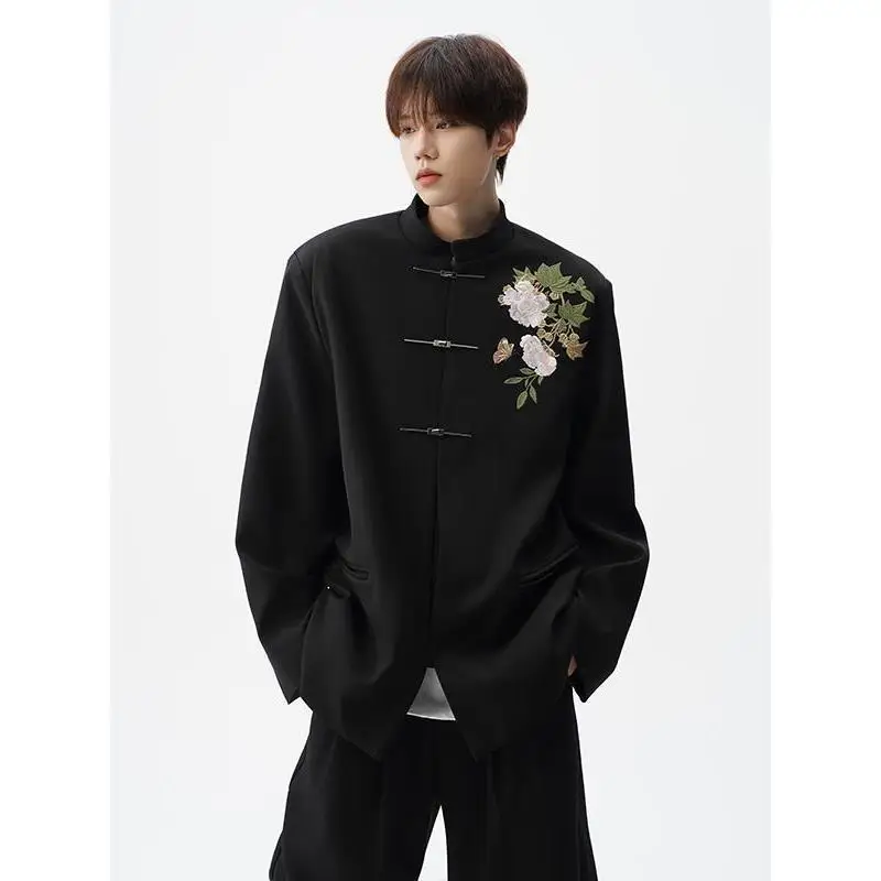 

High Quality Embroidered Mandarin Collar Suit Jacket for Men Wedding Casual Western Clothes Loose Fit Long Sleeve Cotton