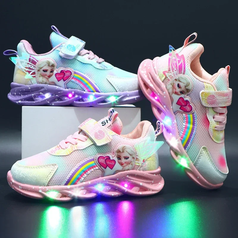 

Кроссовки Детские со светодиодной подсветкой, модная повседневная спортивная обувь с мягкой подошвой для маленьких девочек, Принцесса Диснея Эльзы
