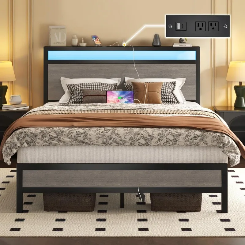 

Full Bed Frame with Headboard & Footboard, Full Bed Frame with Built-in Charging Station & LED Light, Storage Shelf, Noise-Free,