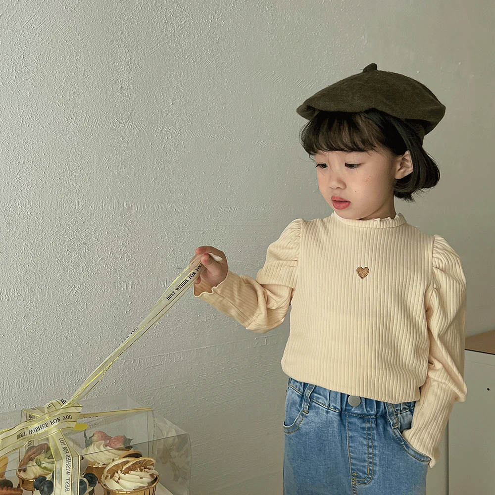 1018B Children Clothes Love Heart Girl T Shirt Spring Autumn 2022 Korean Bubble Sleeve Girl's Bottoming Shirt All Match Tops