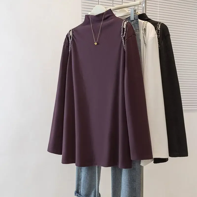 

Women's Long Sleeve Loose Fashionable Base Shirt Autumn Winter New Plus Size Double Sided Velvet Rhinestone Half High Collar