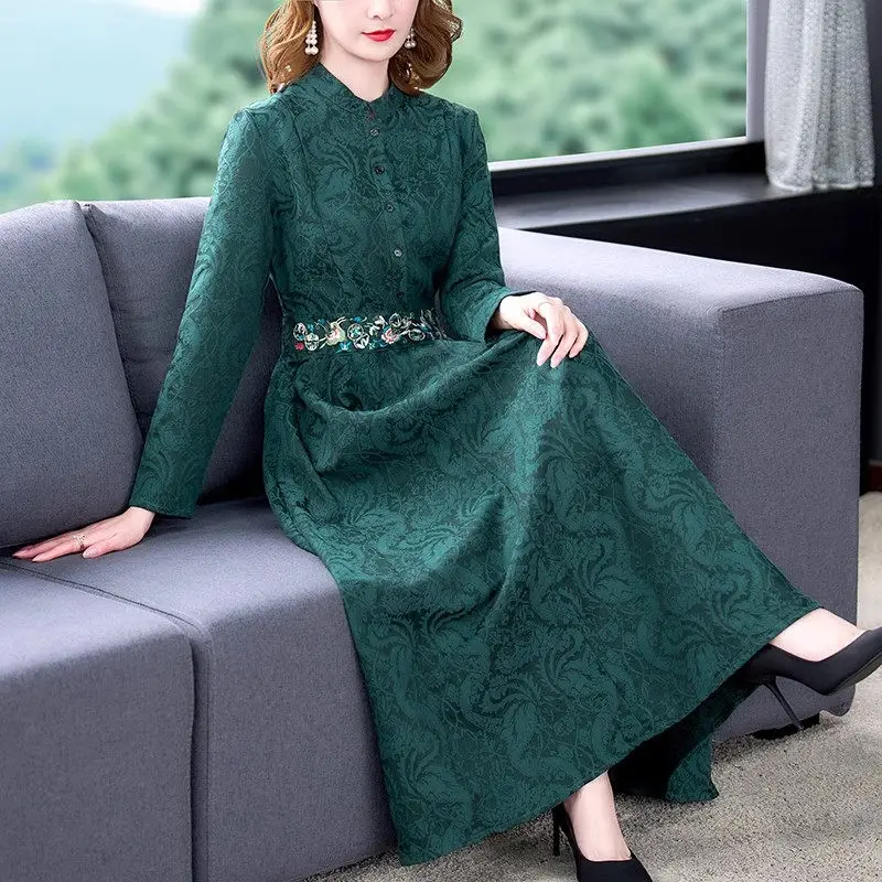 Autumn Fashion Retro Embroidered Jacquard Cotton Linen Dress For Women Slim Long Sleeve 50 Year Old Elegant Lady's Dress z3159