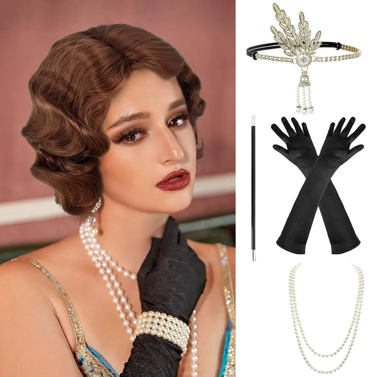 1920s Great Gatsby Flapper Costume Set Black Finger Wave Bob Wig Vintage Leaf Rhinestone Retro Lady Accessories Kit