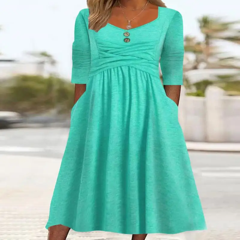 

Plus Size Women's Long Sleeve V-neck Cross Design Pockets Midi Dress