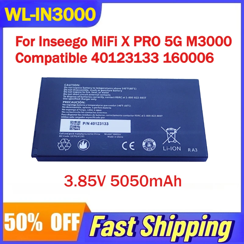

3.85V 5050mAh WL-IN3000 Battery Inseego MiFi X PRO 5G M3000 Wireless Router Compatible 40123133 160006 Rechargeable Batteries