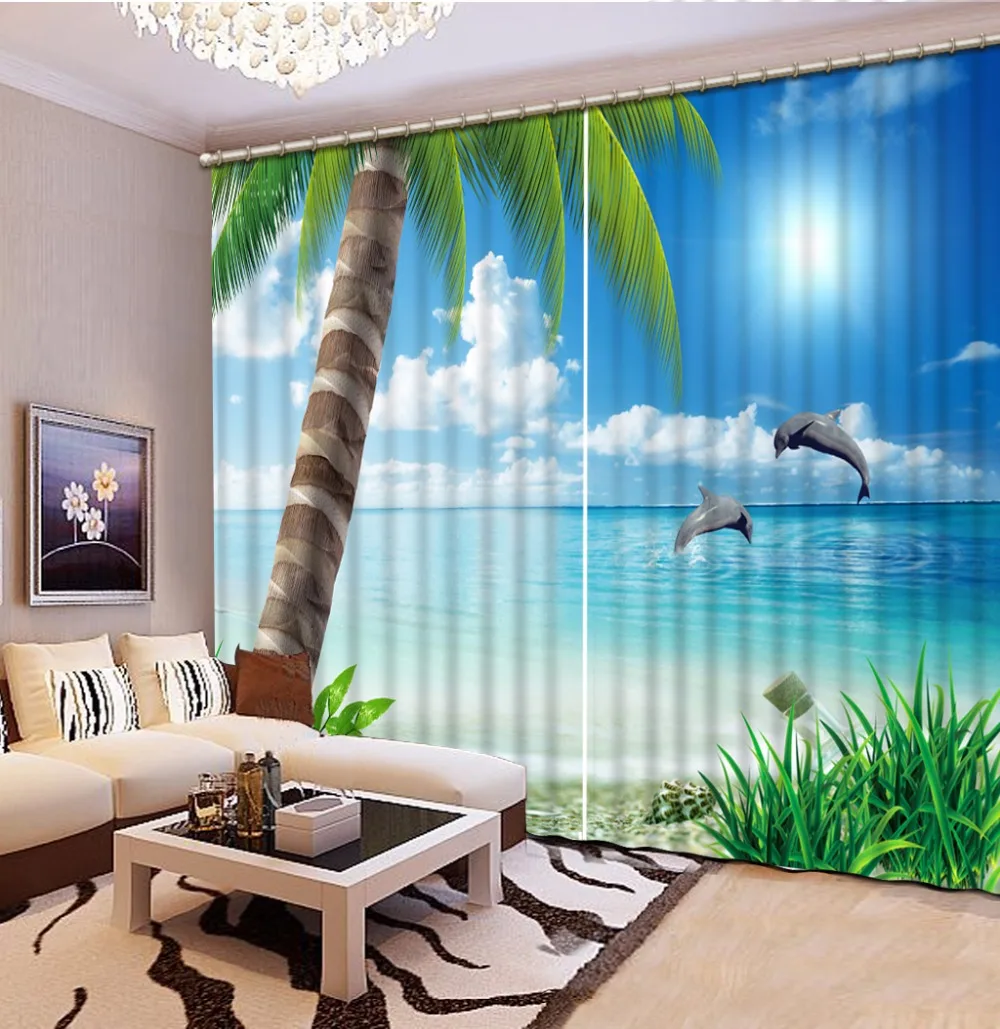 Fashion Customized 3D Curtain Blue sky white dolphin green leaves Curtain Bedroom Living Office Cortinas Blackout Bathroom Showe