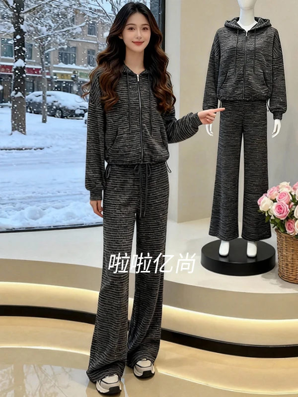 

Spring 2026 Women's Korean Style Striped Jacket Top And Wide Leg Pants Two Piece Set Comfortable Long Sleeve Hoodie Casual Sp...
