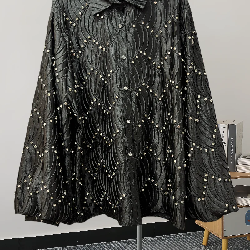 Black,Korean,Style,Loose,Blouse,Fashion,Sexy,Cardigan,Button,Shiny,Diamonds,Women,Shirt,Flare Sleeve,Casual,Tops,New,4121807