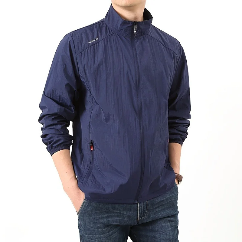 Men Summer Stand Collar Lightweight Skin Jacket Smooth Skin Friendly Outdoor Hiking Sun Protection Coat