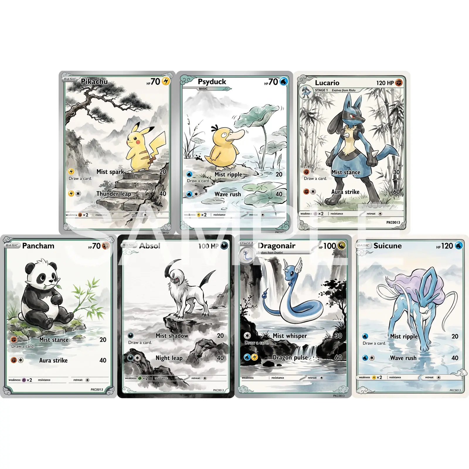7Pcs PKM Cards PTCG Ink Wash Style Psyduck Lucario Pancham Absol Dragonair Suicune Custom Illustrated Art Set Cards PTCG Gift
