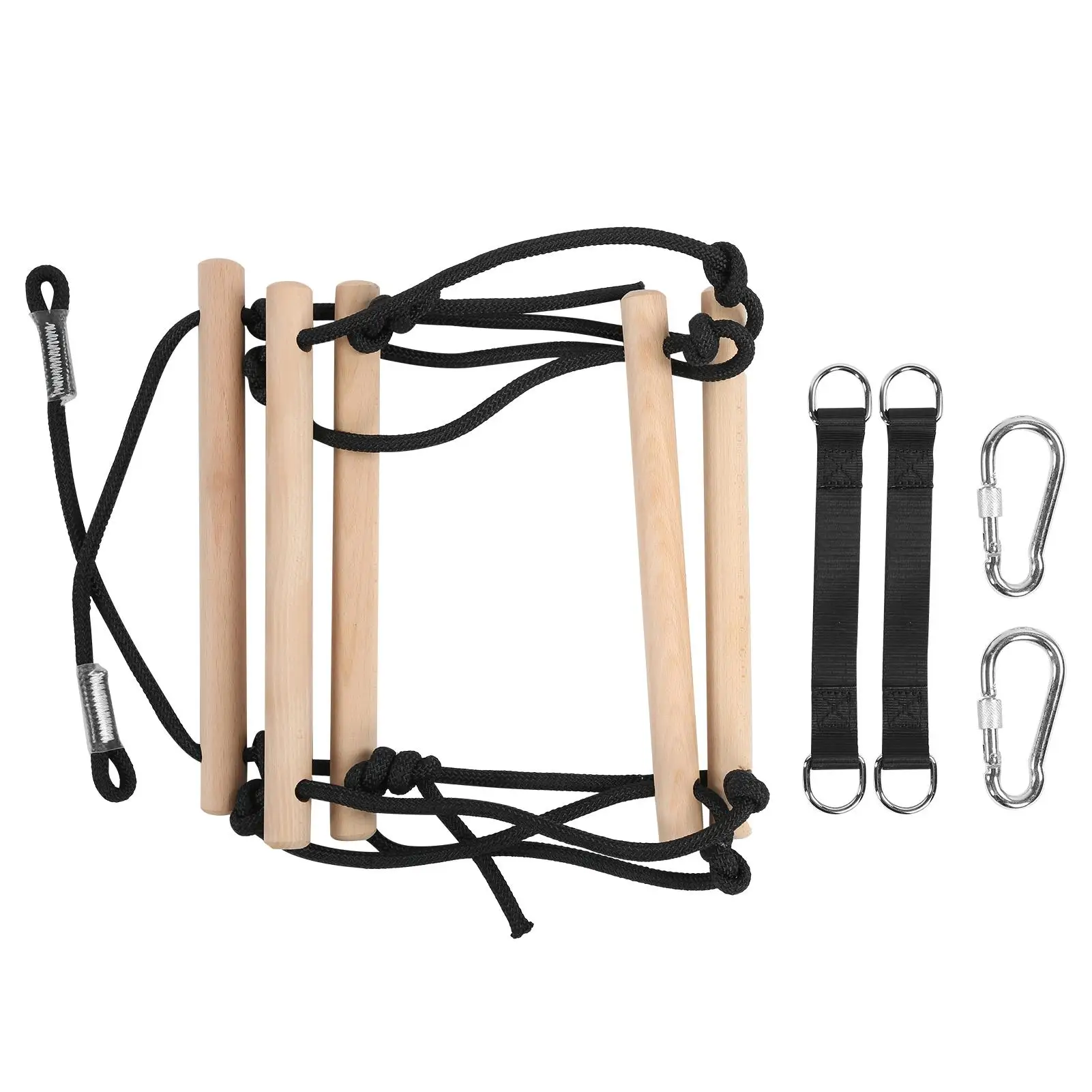 

Wooden 5 Rungs Rope Ladder for Garden Climbing - Outdoor Kids Training Equipment with Straps and Carabiner Hooks