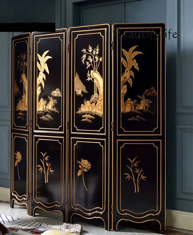 Luxury pure hand-painted partition palace neoclassical solid wood four-fold screen designer