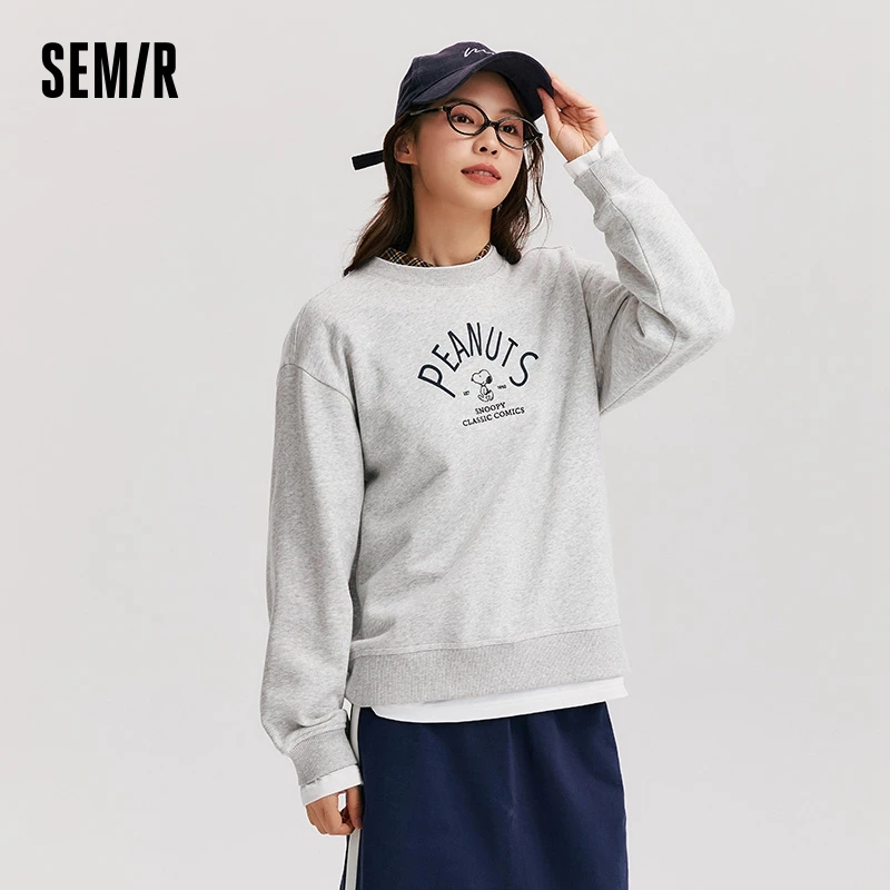 Semir Sweatshirt Women Spliced Fake Two-Pieces Loose Winter 2024 New Embroidered Fleece Casual Top