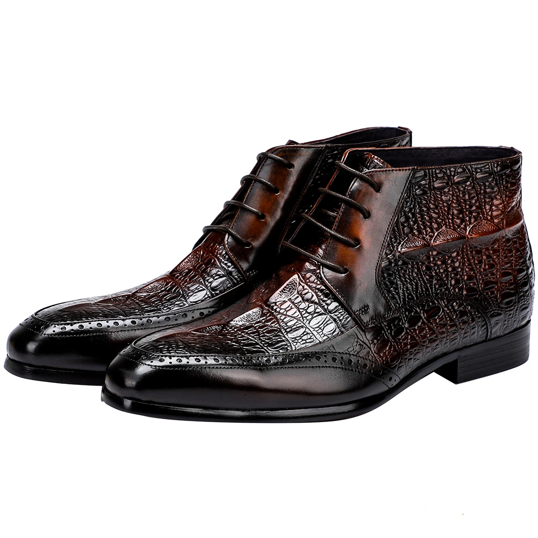 

Modern Shoes Men's Genuine Leather Casual Boots HighTop Business Shoes Black Round Toe Crocodile Head Layer Cowhide Combat Boots