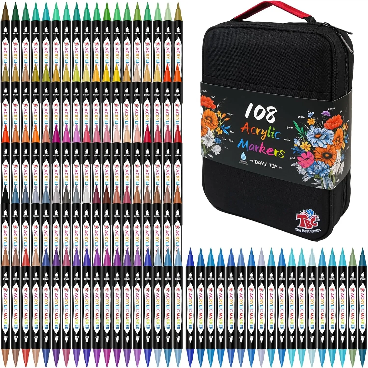 

108 Colors Dual Tip Acrylic Paint Markers with Double Zipper Canvas Bag for Paper, Pottery, Stones, Glass, Outdoor Painting