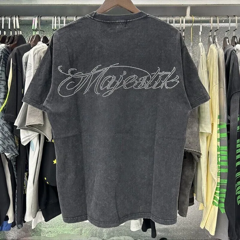 MAJESTIK Stylized Jackal Character Print Washed Weathered Embroidered Diamond Trendy Loose-Fitting Short-Sleeved T-Shirt Ins