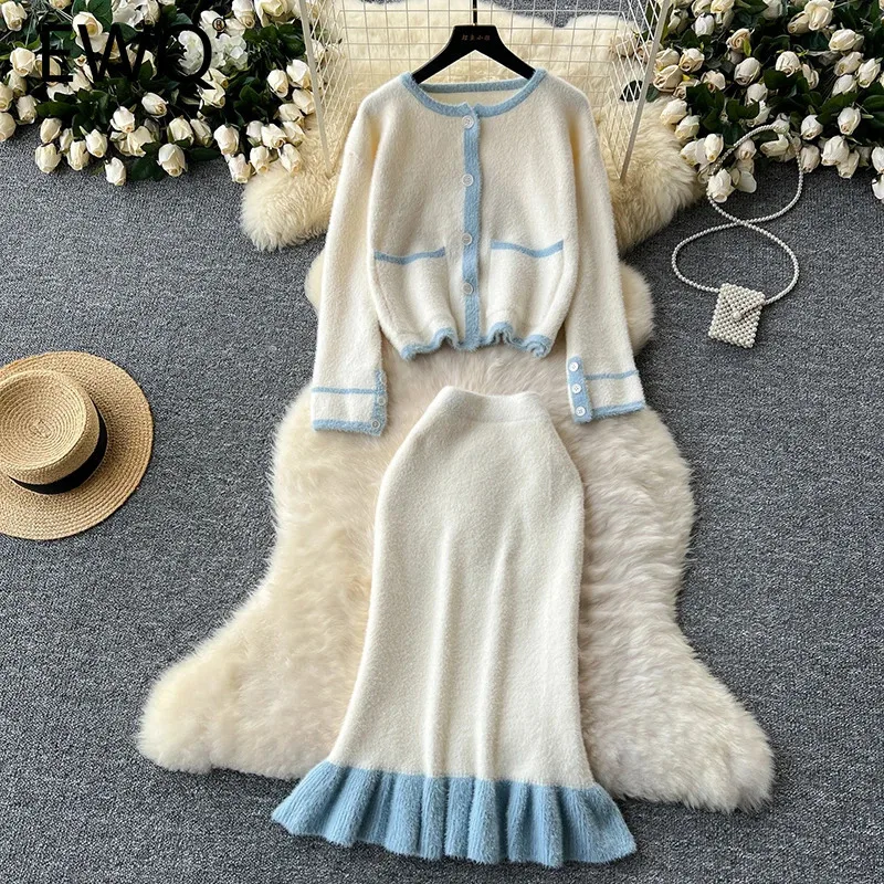 EWQ Elegant Contrast Color Knit 2 Piece Set Women 2024 Autumn New Round Collar Long Sleeve Top＋High Waist Mermaid Skirt 27X1261