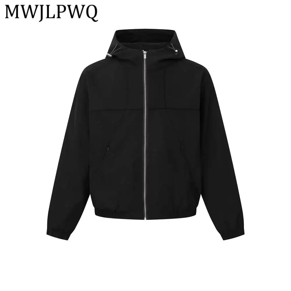 MWJLPWQ Drawstring Hood Zip Front Functional Outerwear Diagonal Zipper Pocket Elastic Waist Oversized Men Layering Jacket 16830