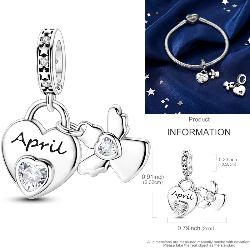 925 Sterling Silber 12 Monate Geburtsstein Engel-Herz-Anhänger Besd Januar-Dezember DIY Armband Halskette Geburtstagsgeschenk für Frauen – Detail 10