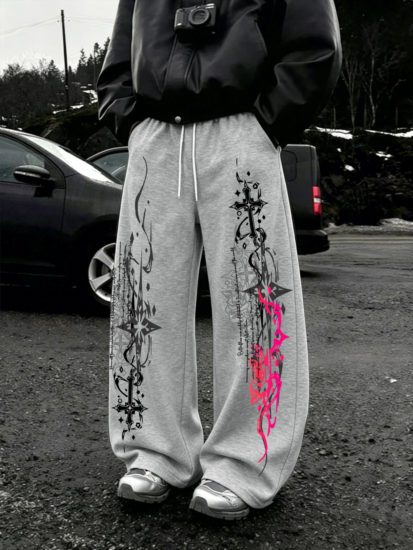 Men Y2K Dark Punk Streetwear Baggy Sweatpants, Dual-Leg Asymmetrical Gothic Cross GraffitiPink&WhiteScriptPrintDrawstringWideLeg