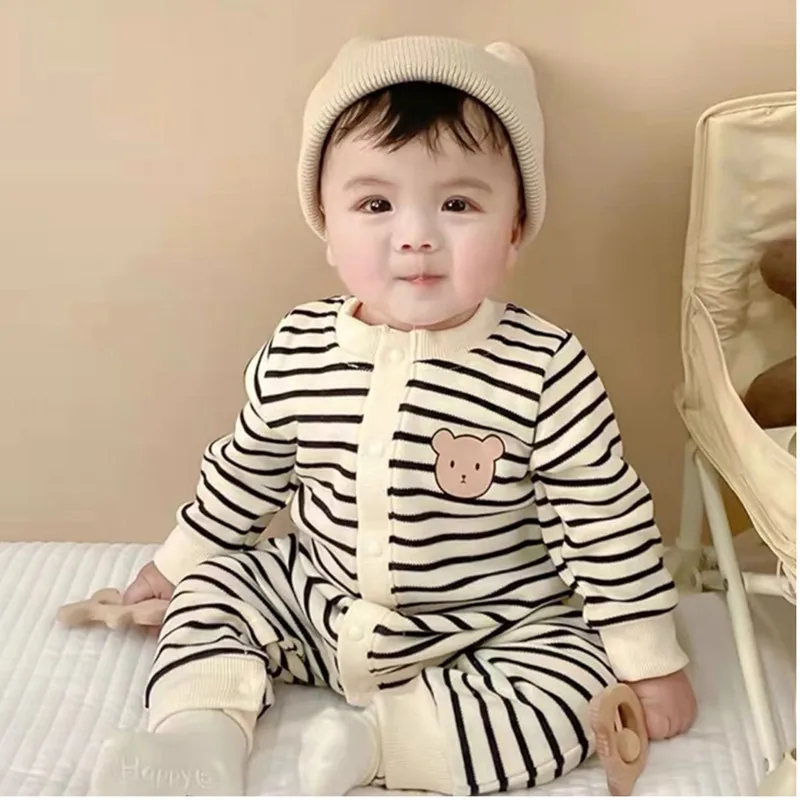 0-18M Rompers for baby Clothes 100% cotton winter baby girls boys clothes pinstripe Bodysuit& one piece bear logo outfit fashion