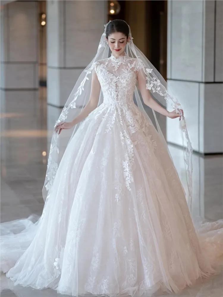 Main New Textured Lace Small Trailing Light Luxury Wedding Veil Size Dress