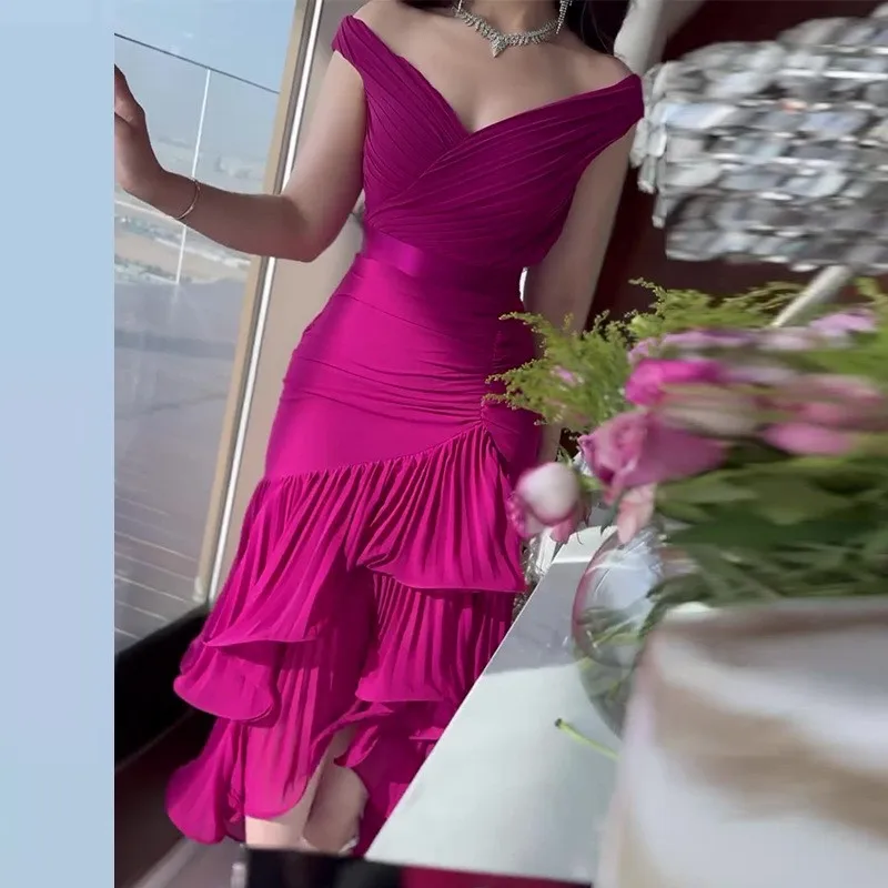 Temperament Mode Abendkleider Einfarbig Hohe Taille Schlank Rüschen Tiered Ärmellose Off Schulter Knöchel Länge Kleid Party