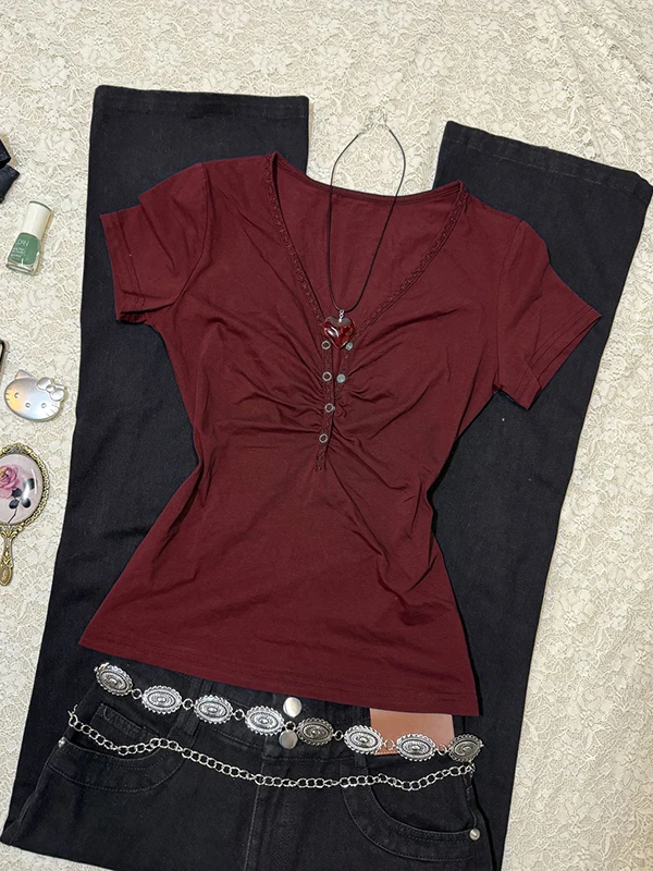 

Синяя футболка с застежкой на талии V-Ne ort Sve, женская весна-лето, повседневный топ из смеси хлопка в американском стиле ретро