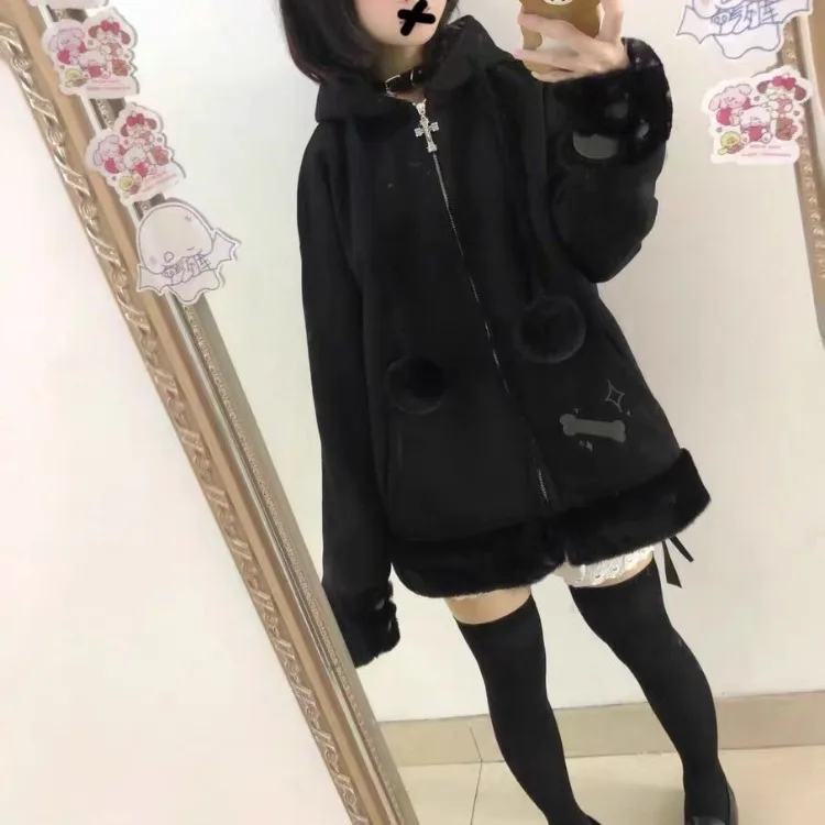 Y2k Fashion Black Cat Plaid Patchwork Jackets 2025 Autumn New Thicked Warm Tops Mujer Y2k Loose Long Sleeve Zipper Tops Mujer